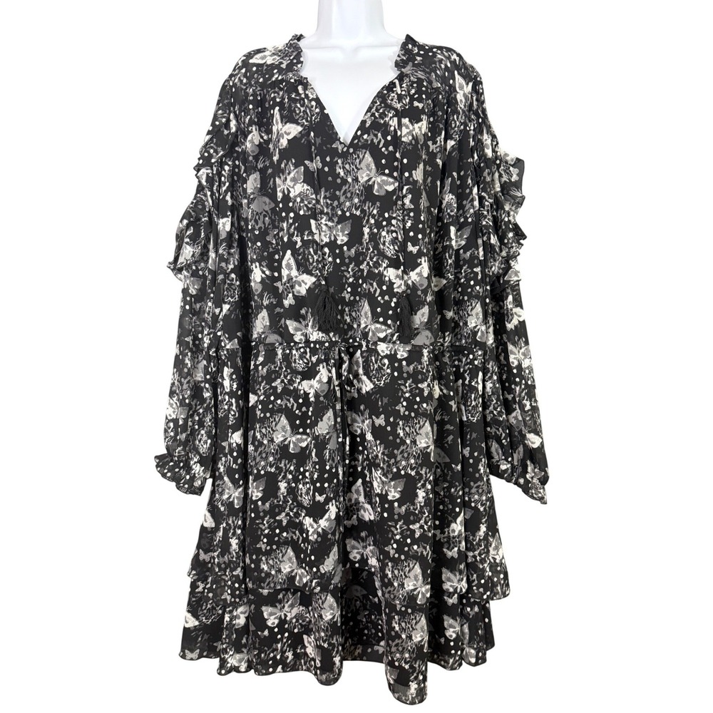 Cato Plus Size Black Butterfly‎ Print Tiered Ruffle Dress 26 28W